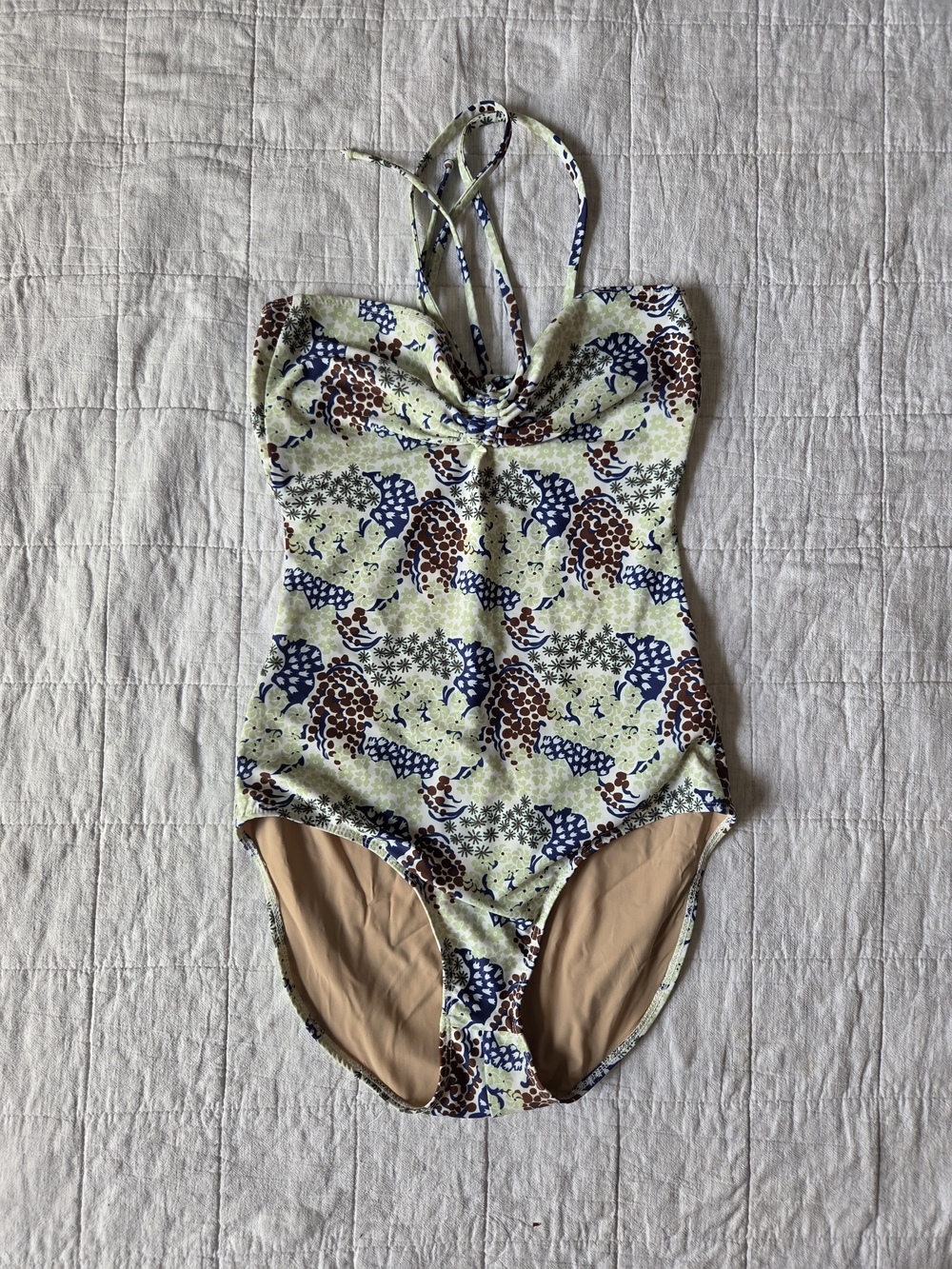 Floral Print Light Green One-Piece Swimsuit with Navy & Brown Accents